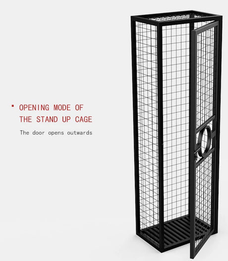 Sleeping and standing confinement cage system, front view, durable steel frame enclosure with secure multi-position adjustable design

