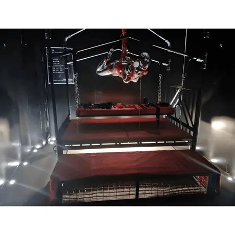 Sleeping and standing confinement cage system, front view, durable steel frame enclosure with secure adjustable structure
