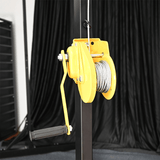 Studio gantry rack with suspension hardware including chains and anchor rings attached, BDSM Authority