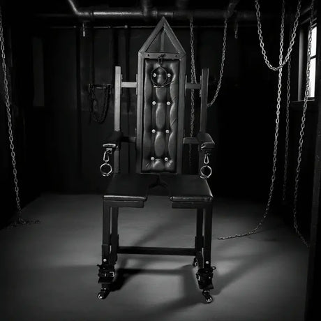 Studio-grade bondage chair with leg spread design, HQJS-004 model lifestyle setup