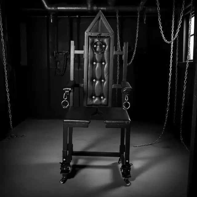 Studio-grade bondage chair with leg spread design, HQJS-004 model lifestyle setup