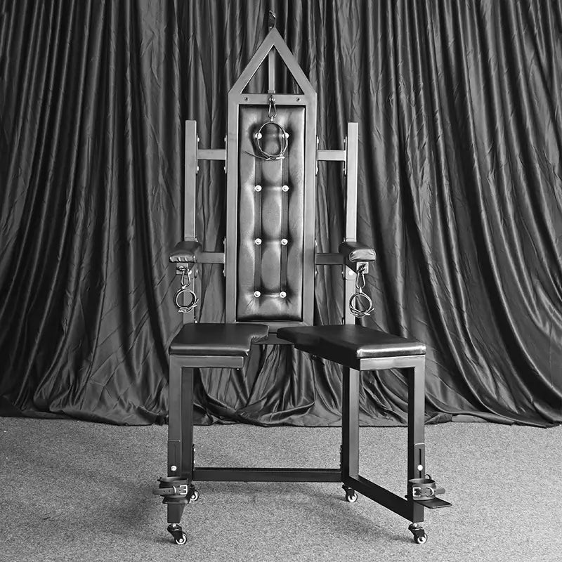 Studio-grade bondage chair HQJS-004 with leg spread restraint design left spread view product image
