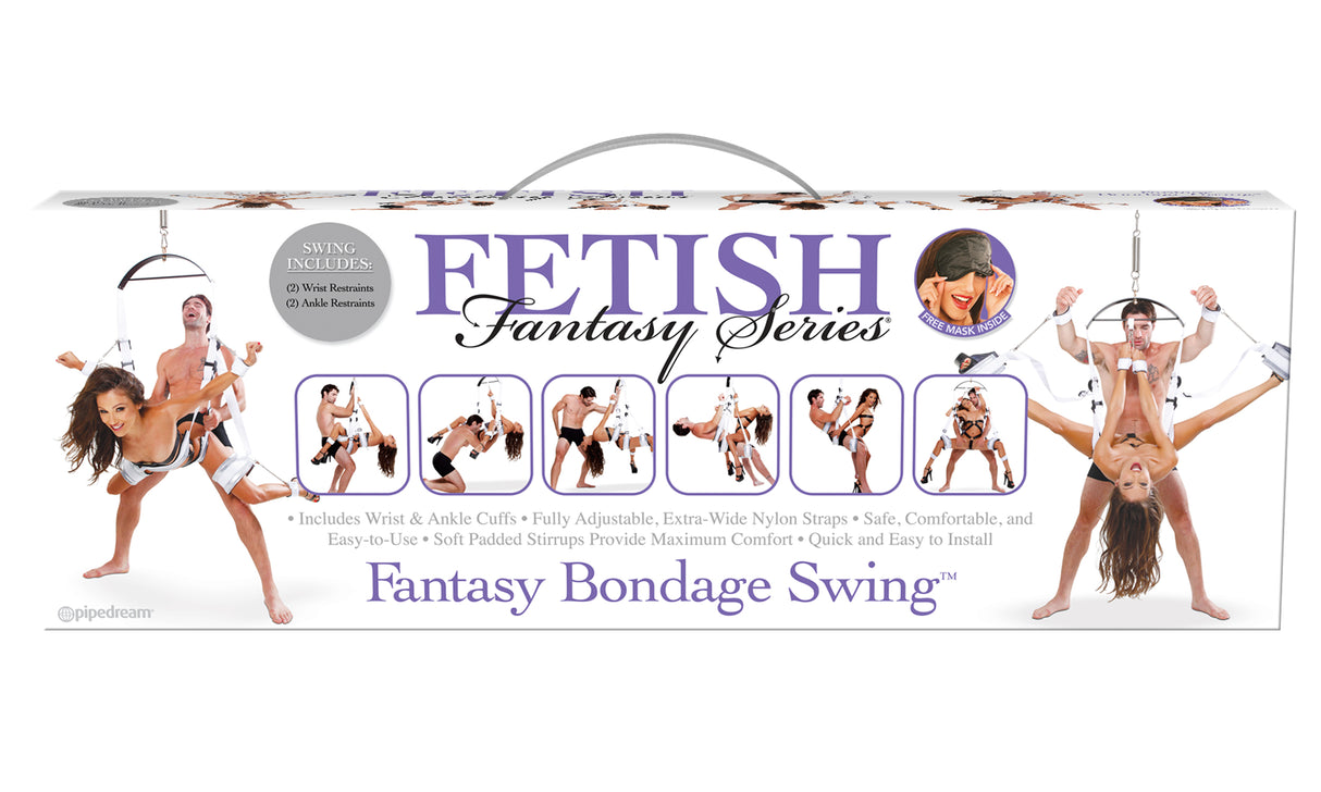 Fantasy bondage swing D-rings and metal chain cuffs detail at BDSM Authority