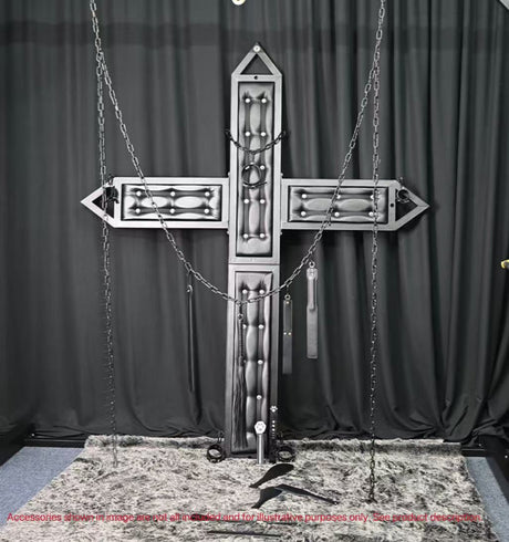 Wall-mounted St. Andrew's cross restraint cuffs, collar and chain detail - BDSM Authority