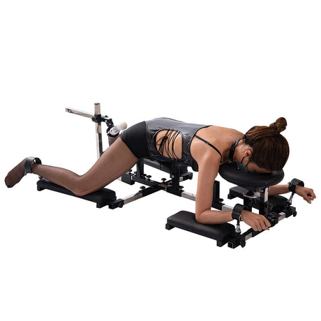 Portable doggy style restraint platform angled view showing cuffs and headrest - BDSM Authority