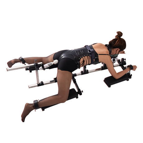 Portable doggy style restraint platform full side view with kneeling pad and pole - BDSM Authority
