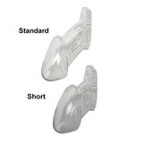 Clear CB-6000 standard cage and shorter CB-6000S chastity cage shown side by side, labeled Standard and Short - BDSM Authority