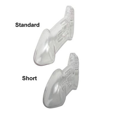 Clear CB-6000 standard cage and shorter CB-6000S chastity cage shown side by side, labeled Standard and Short - BDSM Authority