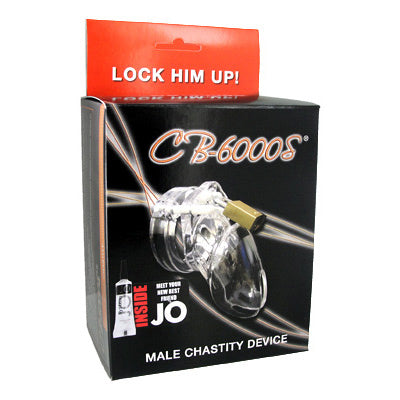 CB-6000S male chastity device retail box with Lock Him Up banner and an included JO lubricant sample - BDSM Authority