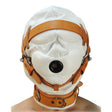 Total Sensory Deprivation White Leather Hood - MediumLarge - alternate angle showing restraint hardware - BDSM Authority