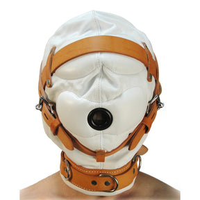 Total Sensory Deprivation White Leather Hood - MediumLarge - alternate angle showing restraint hardware - BDSM Authority