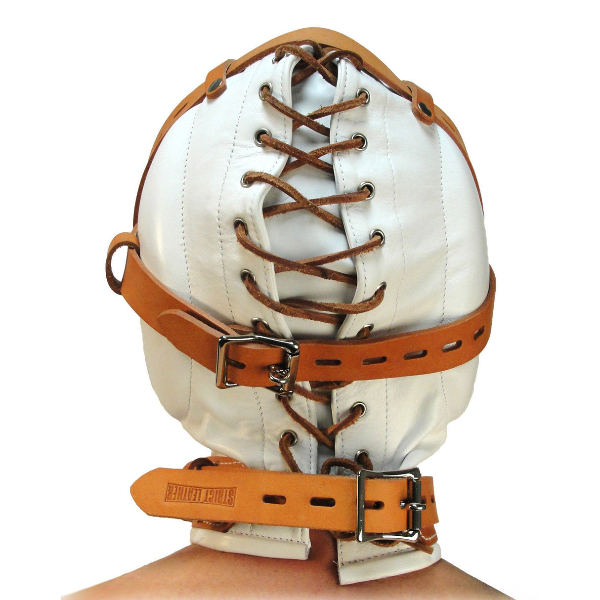 Total Sensory Deprivation White Leather Hood - MediumLarge - side profile of construction - BDSM Authority