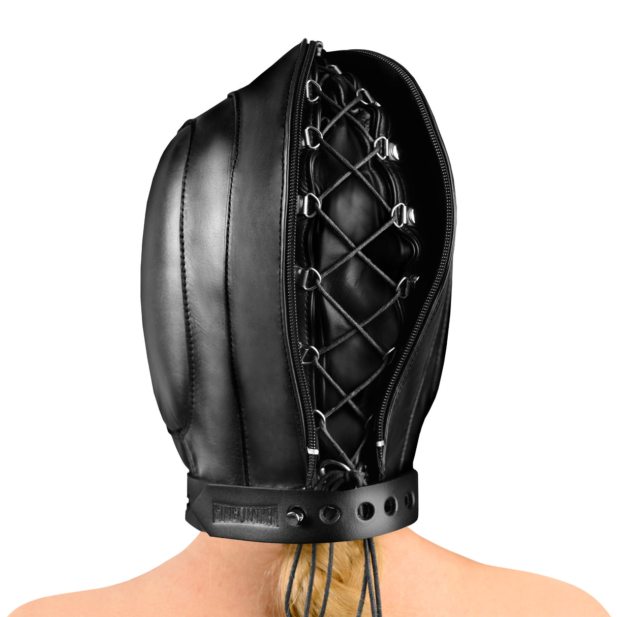 Padded BDSM Hood Mask with Lockable Closure and Internal Ear and Eye Pads detail view 3