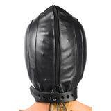 Padded BDSM Hood Mask with Lockable Closure and Internal Ear and Eye Pads detail view 4