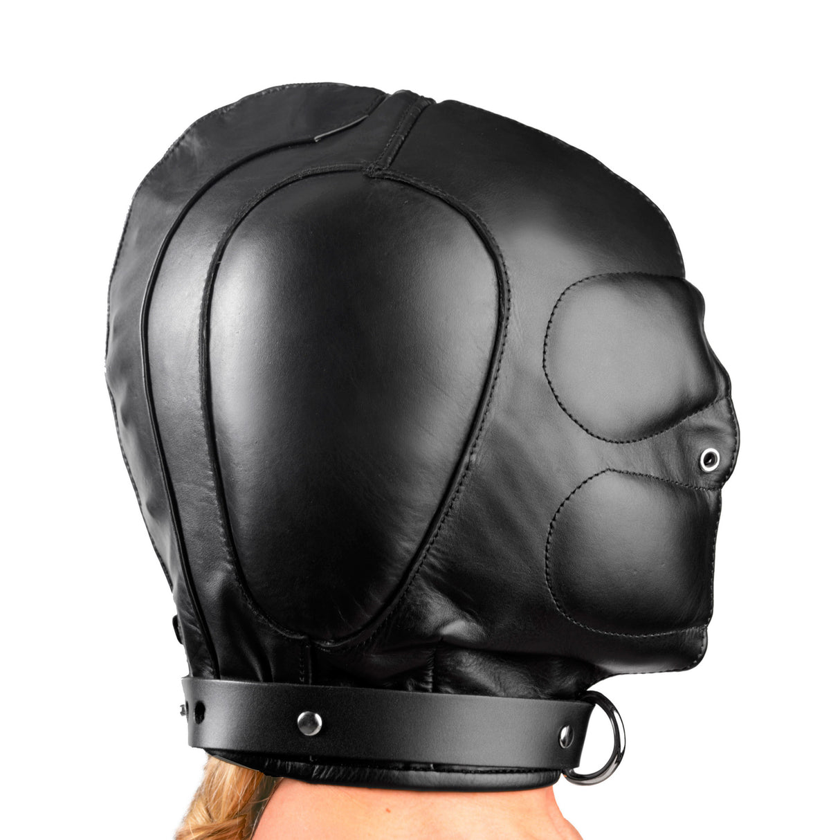 Padded BDSM Hood Mask with Lockable Closure and Internal Ear and Eye Pads detail view 1