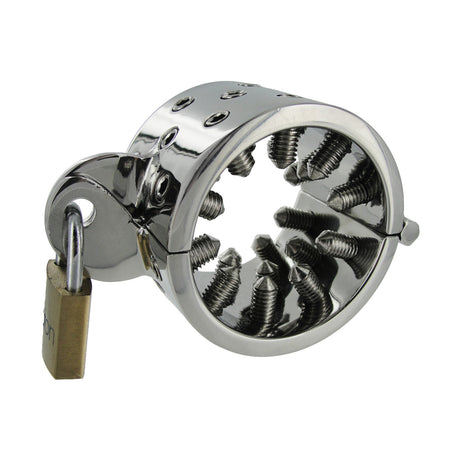 Angled view of the steel CBT ring with screw points threaded inward and padlock - BDSM Authority