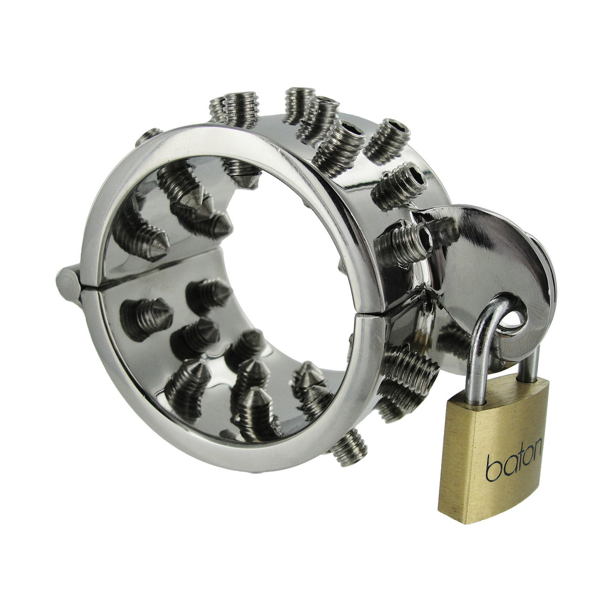 Angled view of the steel CBT ring with screw points withdrawn and padlock attached - BDSM Authority