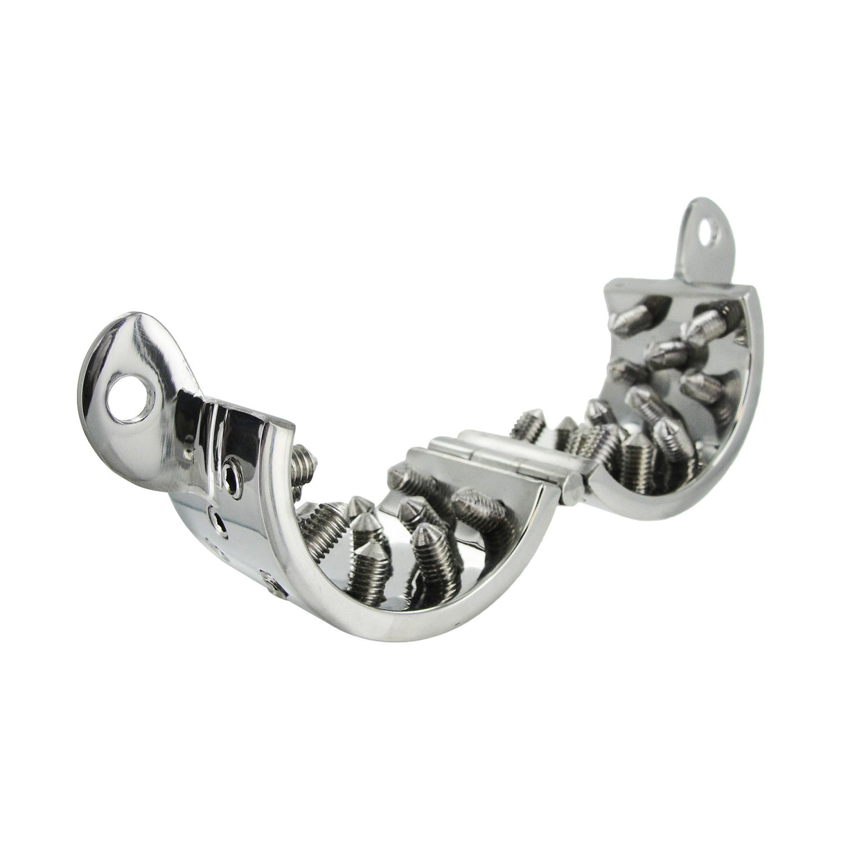 Hinged stainless steel CBT ring opened flat showing rows of threaded screw points - BDSM Authority
