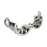 Hinged stainless steel CBT ring opened flat showing rows of threaded screw points - BDSM Authority