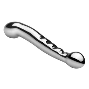 Curved stainless steel dual ended dildo with a grooved shaft and two angled tips - BDSM Authority