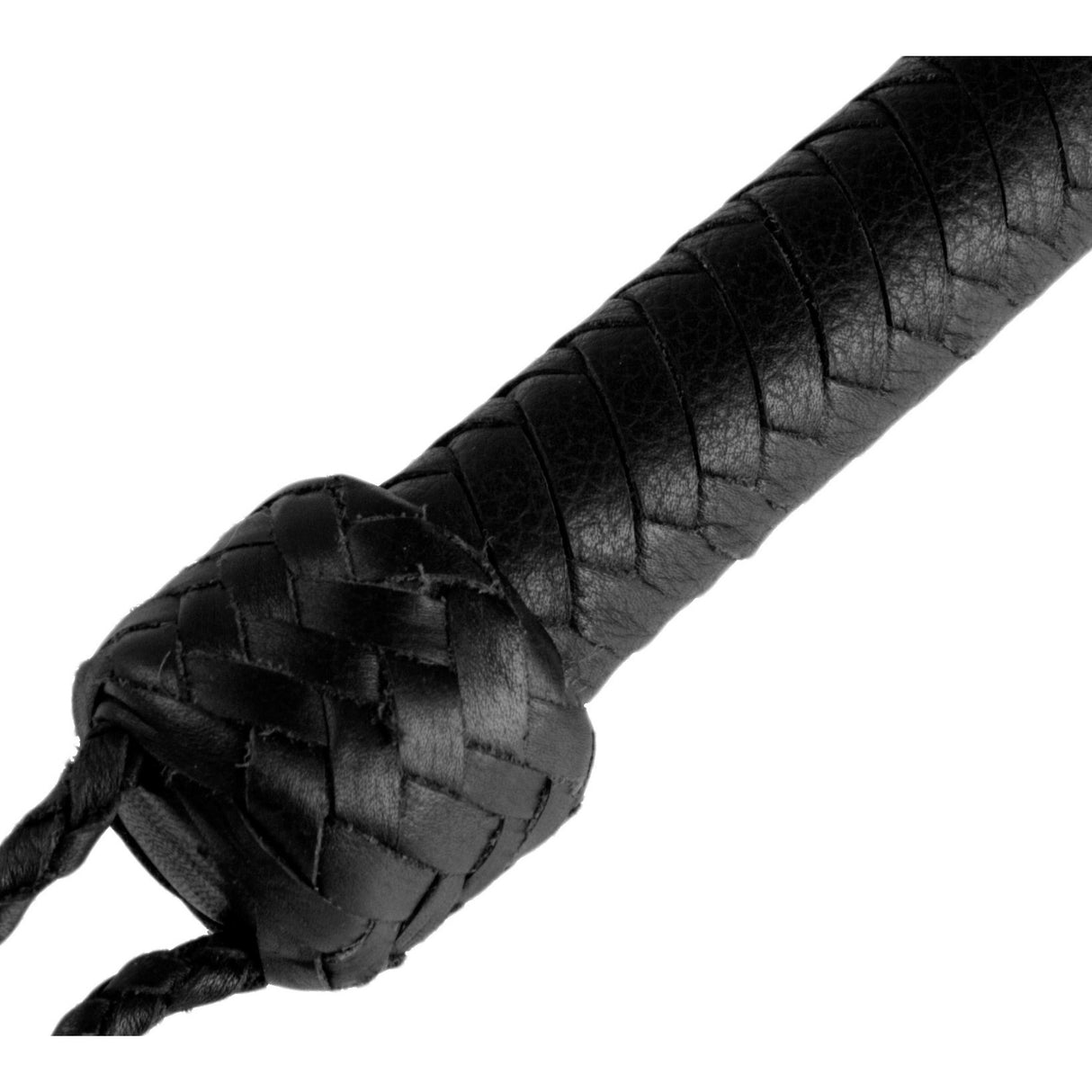 Close up of the braided leather bullwhip handle and removable cracker - BDSM Authority