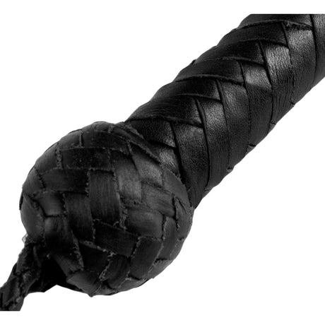 Close up detail of the Turks head knot handle and braided wrist loop - BDSM Authority