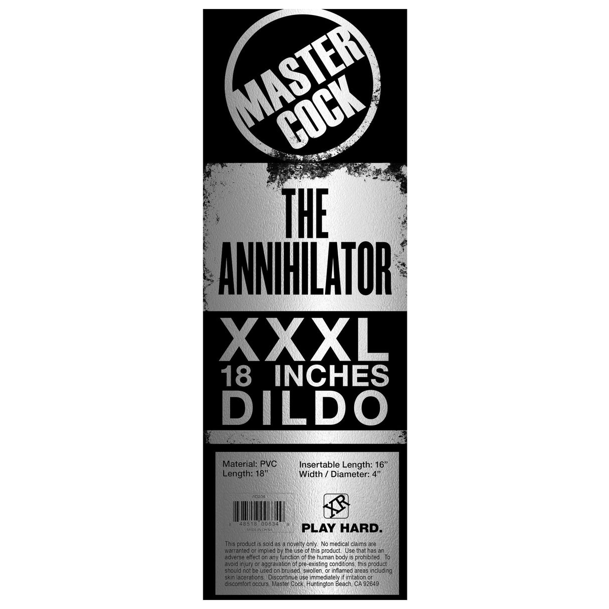 The Annihilator XXXL dildo shown with its Master Cock product label - BDSM Authority