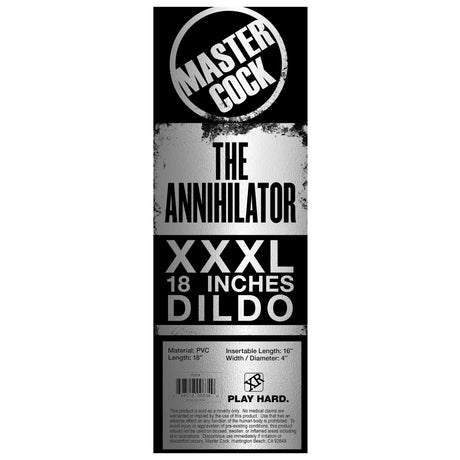 The Annihilator XXXL dildo shown with its Master Cock product label - BDSM Authority