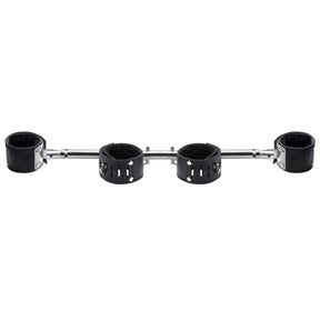 Adjustable swiveling spreader bar with four black leather cuffs on a silver aluminum bar - BDSM Authority