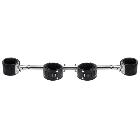 Adjustable swiveling spreader bar with four black leather cuffs on a silver aluminum bar - BDSM Authority