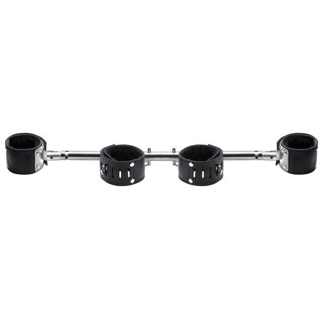 Adjustable swiveling spreader bar with four black leather cuffs on a silver aluminum bar - BDSM Authority