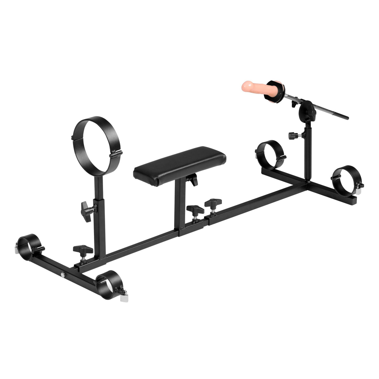 Bondage stockade side profile showing adjustable chest pad and steel pillory frame for restraint play - BDSM Authority