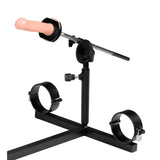 Rear angle of bondage stockade with adjustable thrusting machine attachment and steel base - BDSM Authority