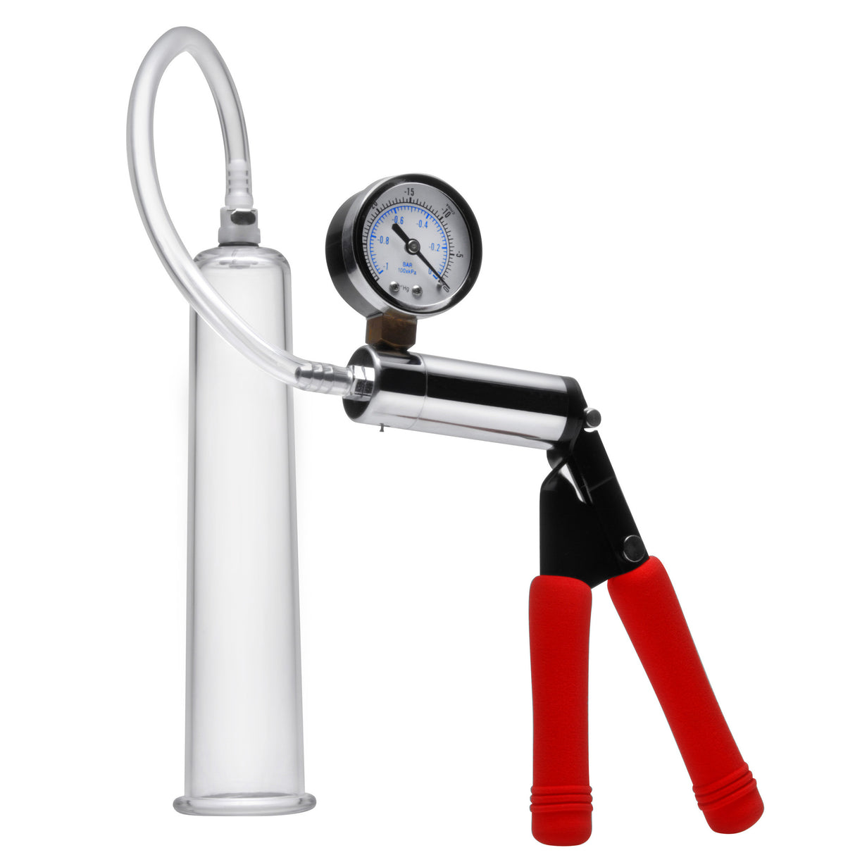 Size Matters steel hand penis pump with clear 1.75 inch cylinder, gauge and red foam grips - BDSM Authority