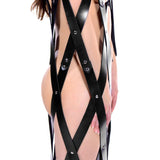 Hanging leather strap bondage cage in use detail of body cradle - BDSM Authority