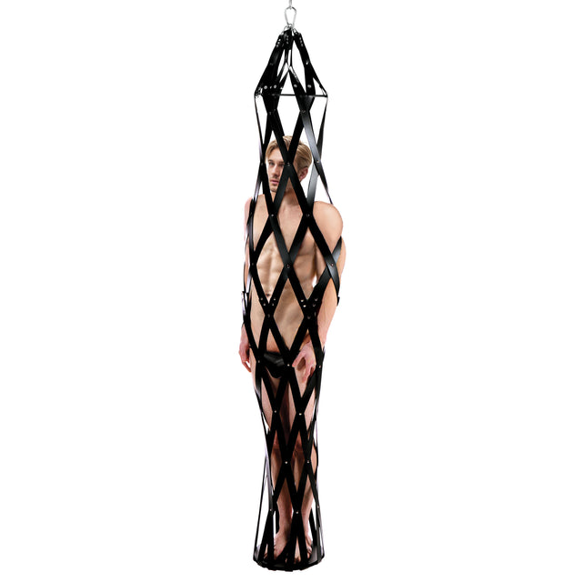 Hanging rubber strap bondage cage with wooden base: suspension BDSM cage for couples - BDSM Authority
