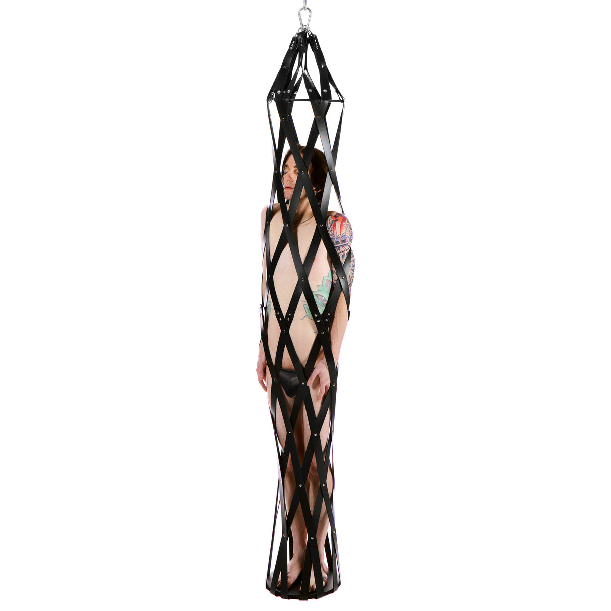 Hanging rubber strap bondage cage with wooden base in use - BDSM Authority