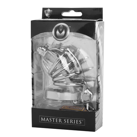Retail packaging for the stainless steel chastity cage with silicone urethral plug - BDSM Authority