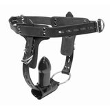 Back of the locking leather harness showing the sliding plug holder - BDSM Authority