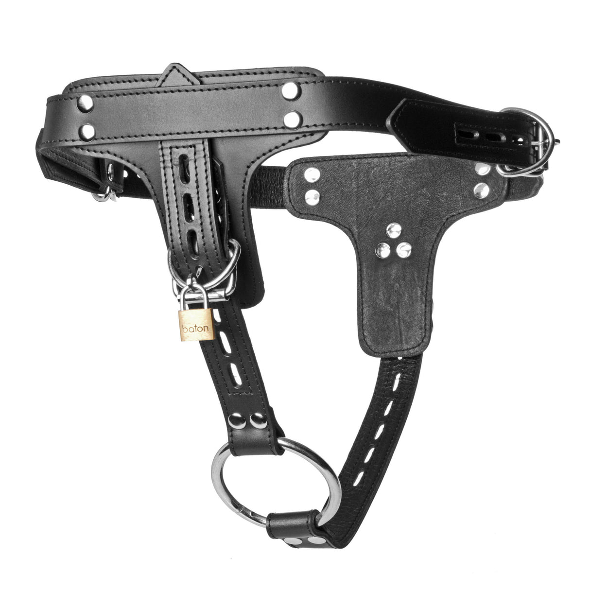 Strict Leather locking leather harness with metal cock ring laid flat - BDSM Authority