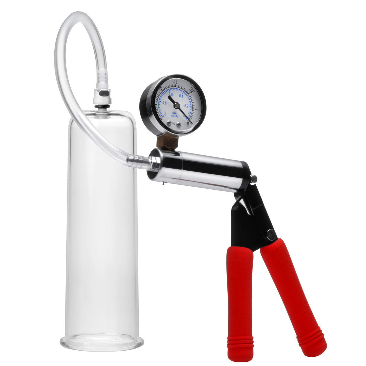 Cock and ball penis pump with extra-wide clear cylinder, metal hand pump, gauge and red grips - BDSM Authority