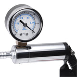 Close-up of the deluxe metal hand pump, valve and pressure gauge - BDSM Authority