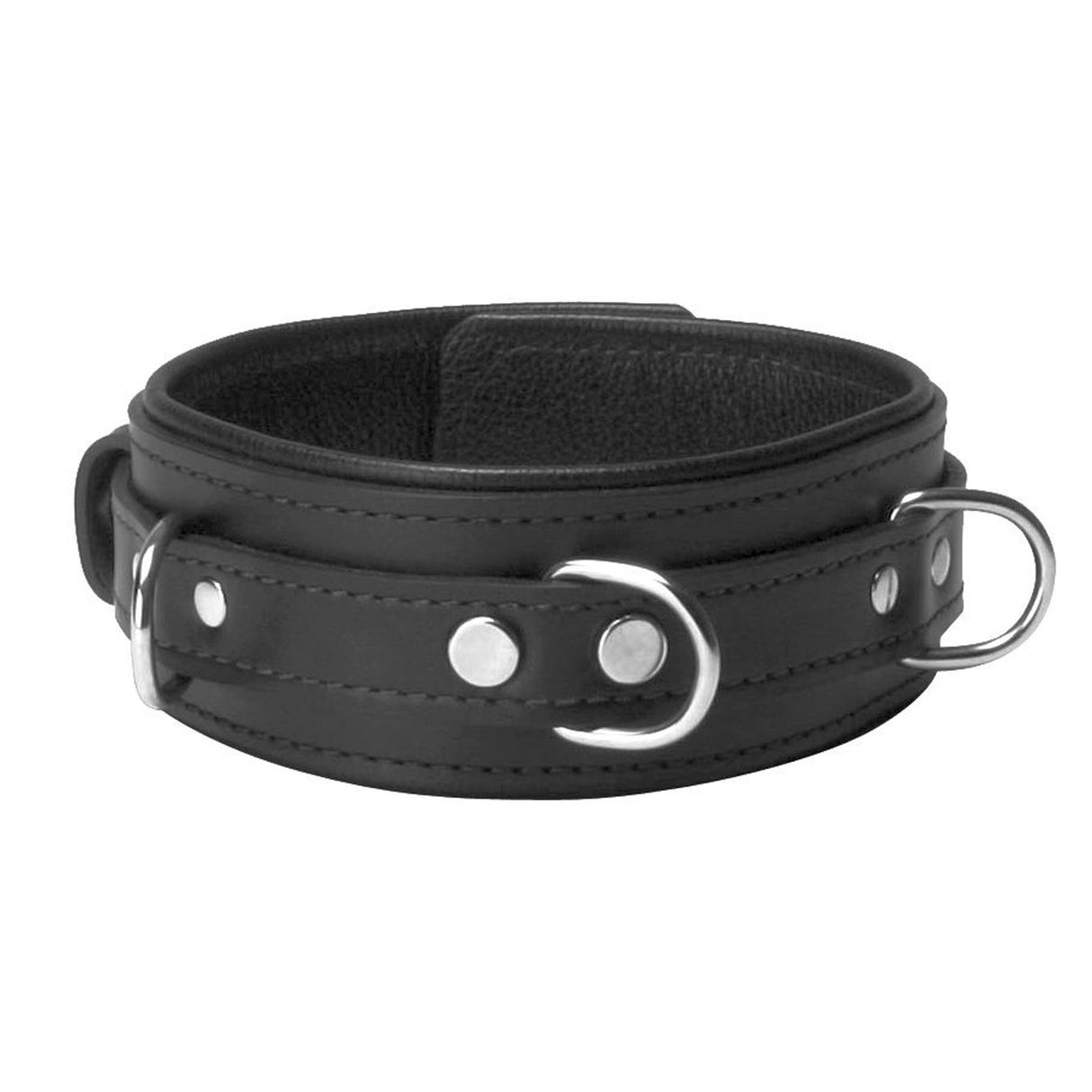 Black leather posture collar with metal hardware laid flat - BDSM Authority