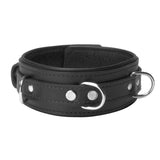 Black leather posture collar with metal hardware laid flat - BDSM Authority