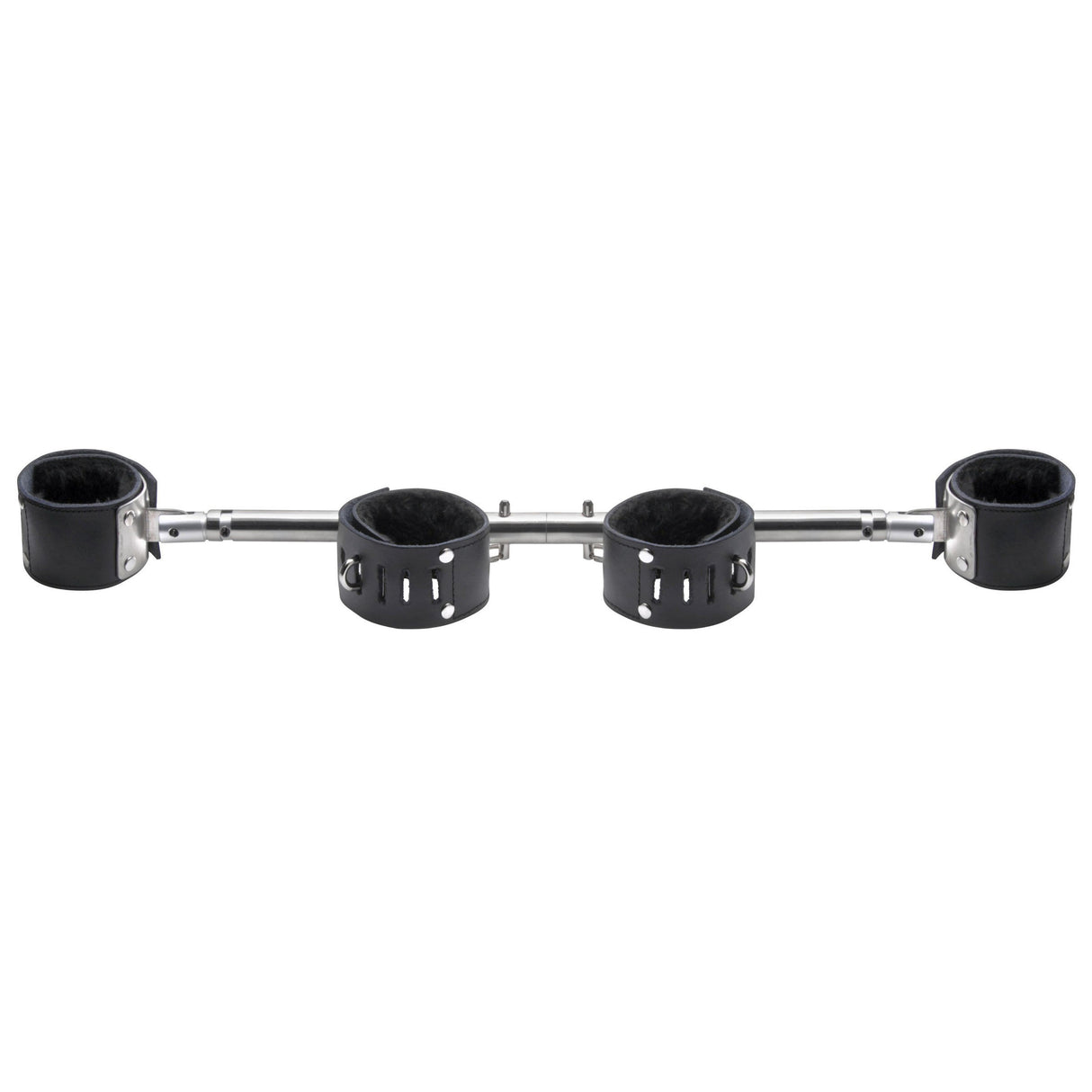 Black steel spreader bar with attached leather wrist and ankle cuffs - BDSM Authority