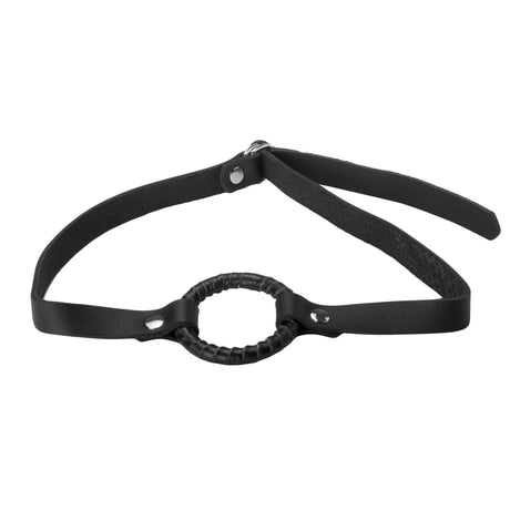 Black leather-wrapped steel ring gag with an adjustable head strap - BDSM Authority
