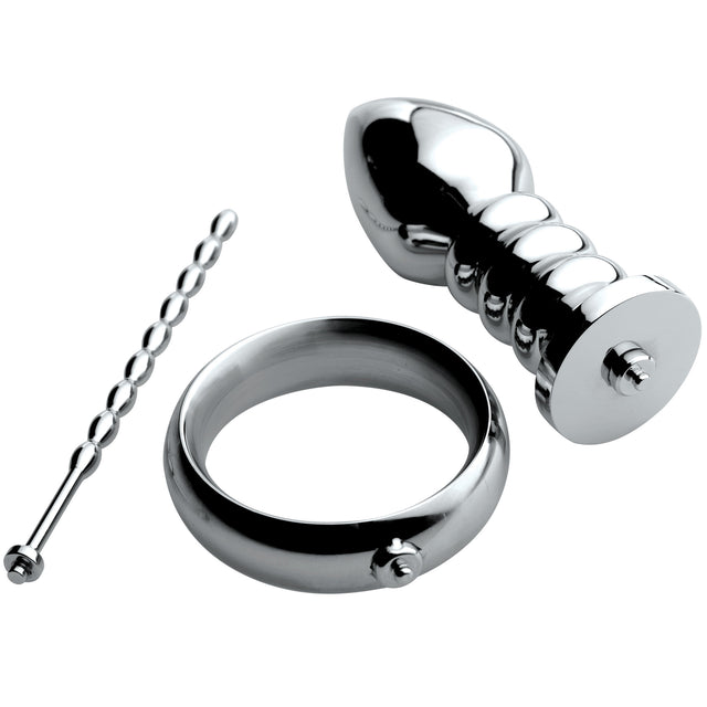 Zeus Voltaic stainless steel male e-stim kit cock ring urethral sound anal plug - BDSM Authority