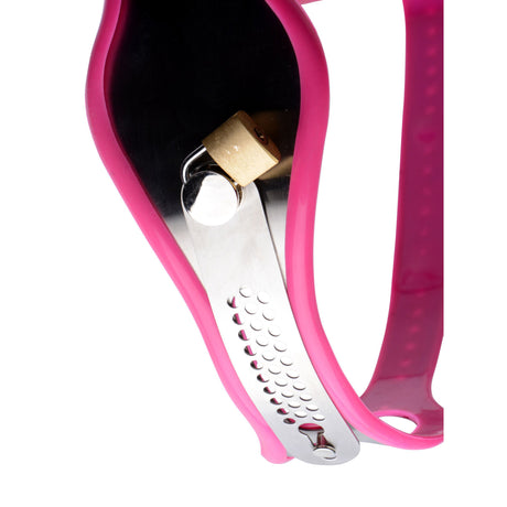 Pink Stainless Steel Adjustable Female Chastity Belt front detail gallery view 3, BDSM Authority