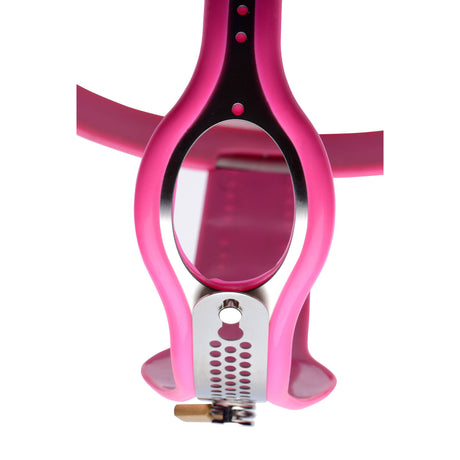 Pink Stainless Steel Adjustable Female Chastity Belt hygiene opening detail gallery view 4, BDSM Authority