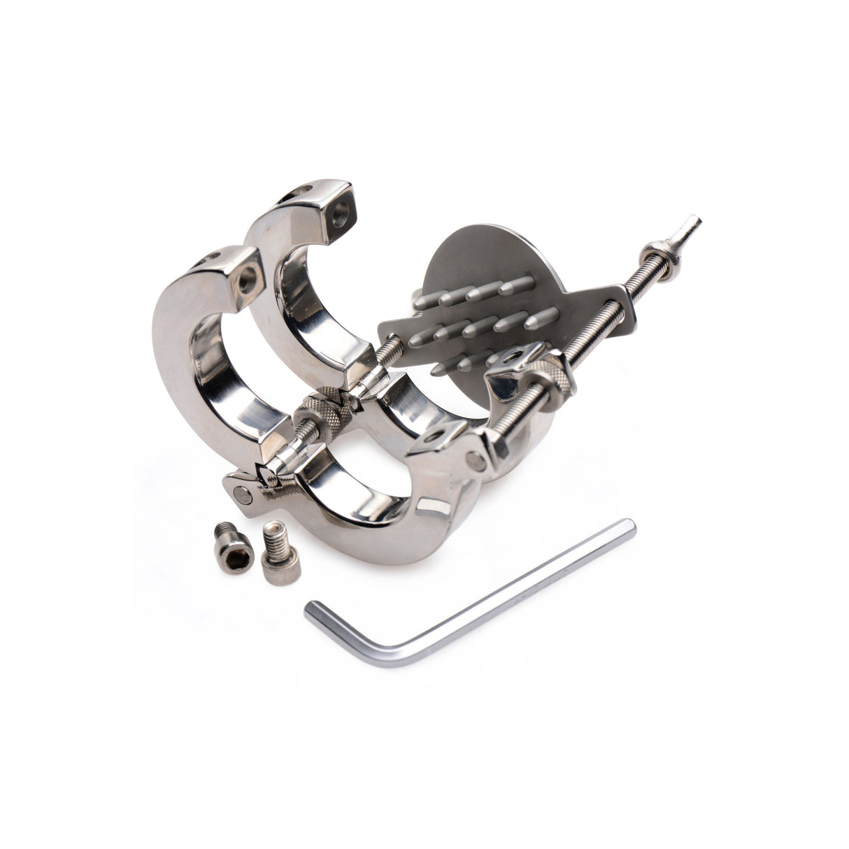 Stainless steel ball stretcher opened up with the included allen wrench - BDSM Authority